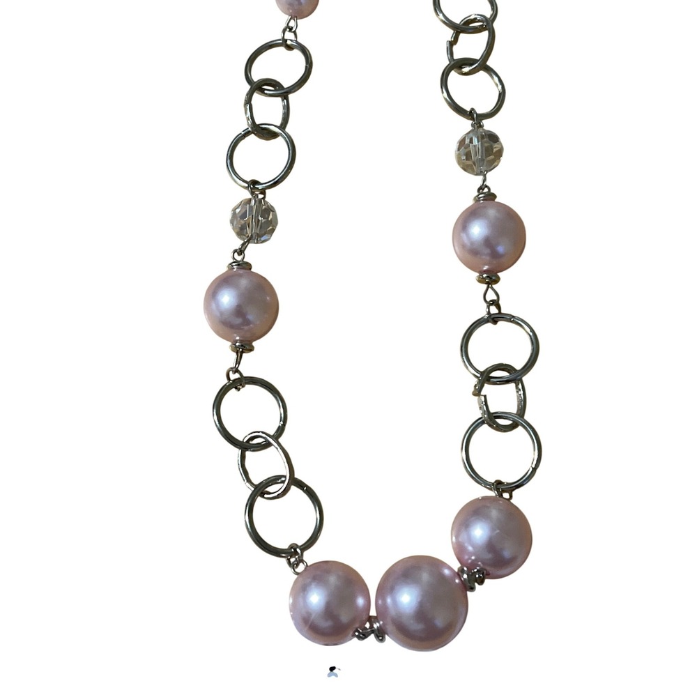 Chic Pink Faux Pearl Silver Tone Chain Necklace Jewelry‎